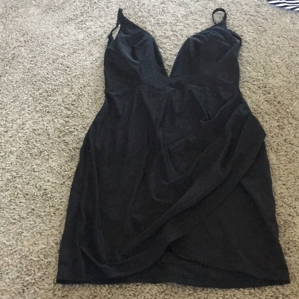 Black satin formal plunging neckline wrap dress